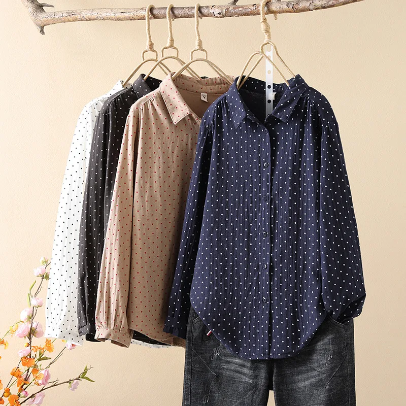 

Women's blouses elegant lapel long sleeve tops polka dot shirts and blouses for women autumn cotton yarn dot base shirts