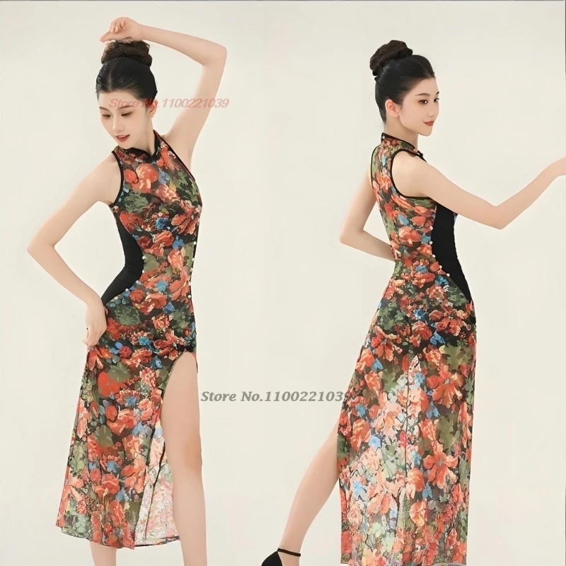 

2025 chinese vintage dress traditional flower print sleeveless dance qipao cheongsam retro practice stage performance folk dress