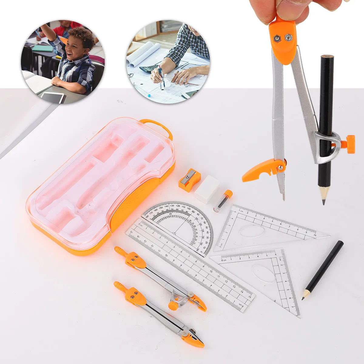 1Sets Ergonomic Metal Compasses Set Geometry Drawing Kit Math Ruler Set for Students Teachers School Use Drawing Compasses