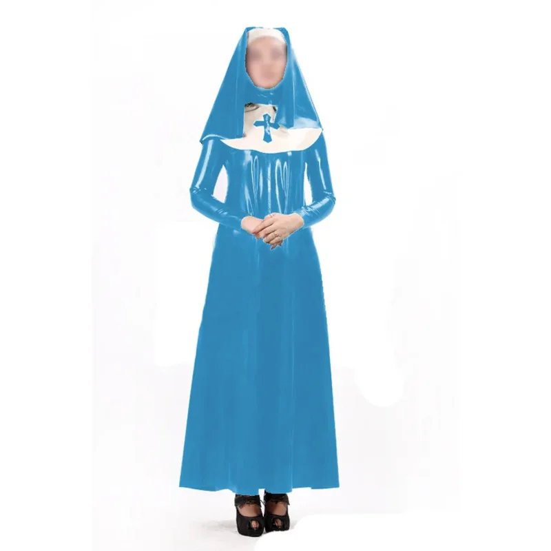 Sexy women nun dress uniform 3 pieces sets wet look PVC faux latex long sleeve maxi dress bib headgear cosplay costume s-7xl