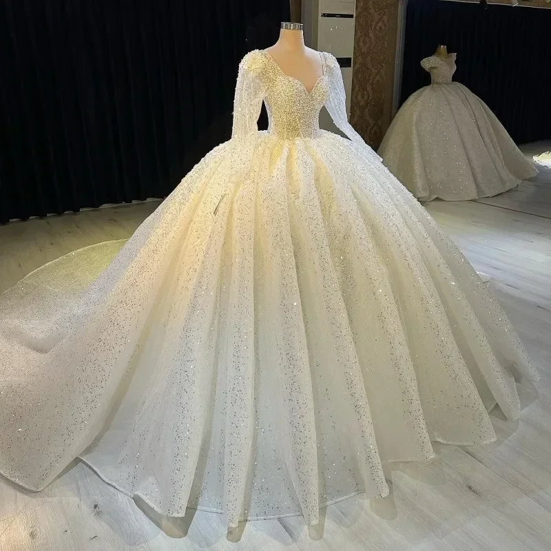 Robe De mariée blanche personnalisée, col en cœur, manches longues, dentelle pailletée, Robe De princesse