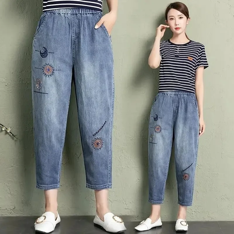 Jeans Vrouw Lente Zomer Koreaanse Retro Borduurwerk Elastische Hoge Taille Denim Broek Dames Losse Enkellange Cowboybroek