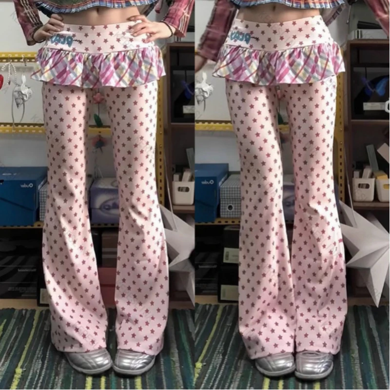 

Японские и корейские милые девичьи брюки с принтом XINGX Y2g, осенние слегка расклешенные брюки с низкой талией для женщин