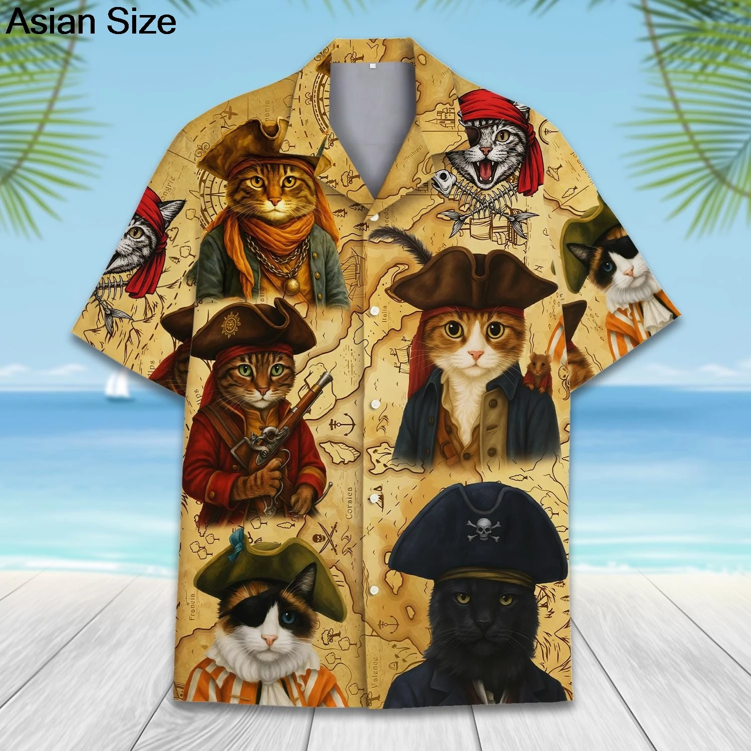 Men's Hawaii Skeleton Pirate Captain Storm Sailing Cartoon Print Shirts Short Sleeve Shirt Summer Beach Shirts for Boy Clothing