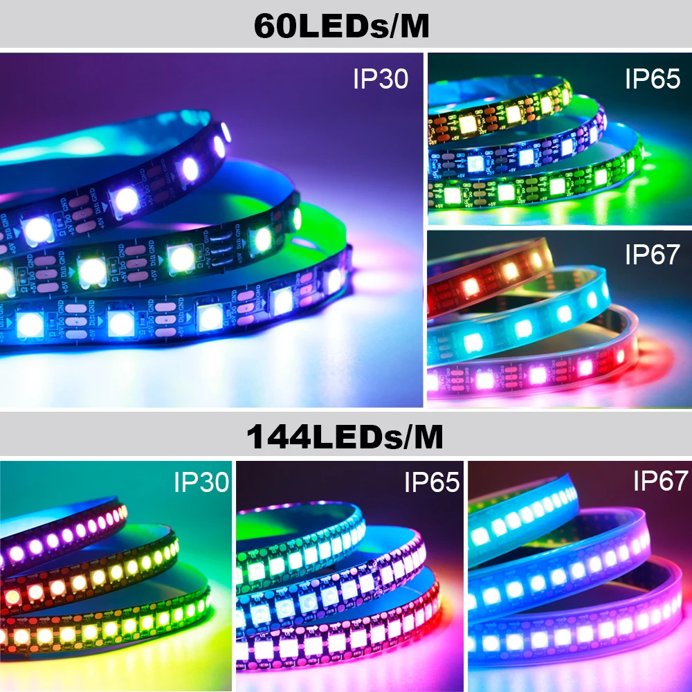 WS2812B Indywidualnie adresowalna taśma LED 1-5M 30/60/74/96/144 diod led/m WS2812 5050 RGBIC Inteligentne piksele Led Light IP30/65/67 DC5V