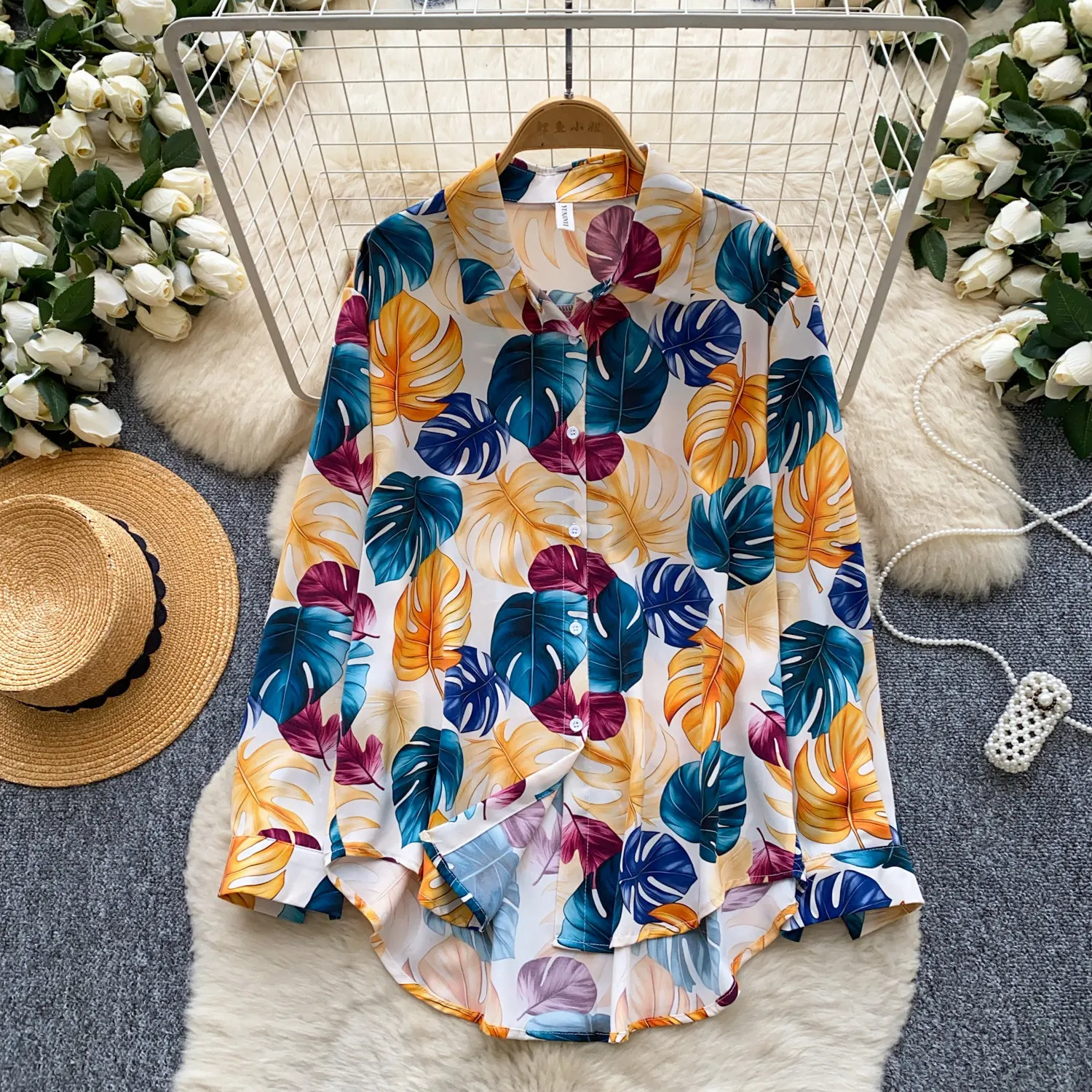 

Blouses Women Shirt Vintage Turn Down Collar Full Sleeve Tops Print Floral Y2k Streetwear Elegant Splice Shirts 2026 Spring