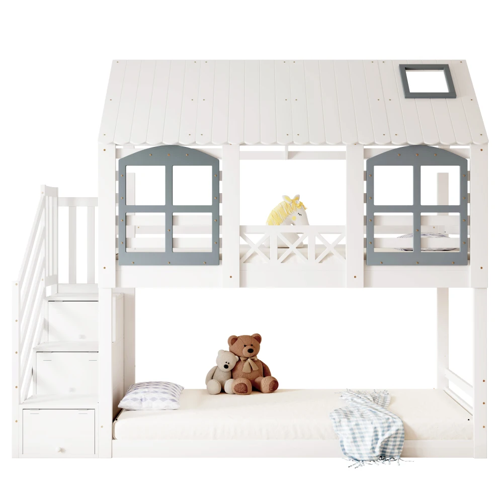 PINGGO Weißgraues Etagenbett 90x200cm mit Dachfenster, Leiter, Fallschirmgitter und 3 Staufächern aus Kiefern-MDF, ohne Matratze – Detail 10