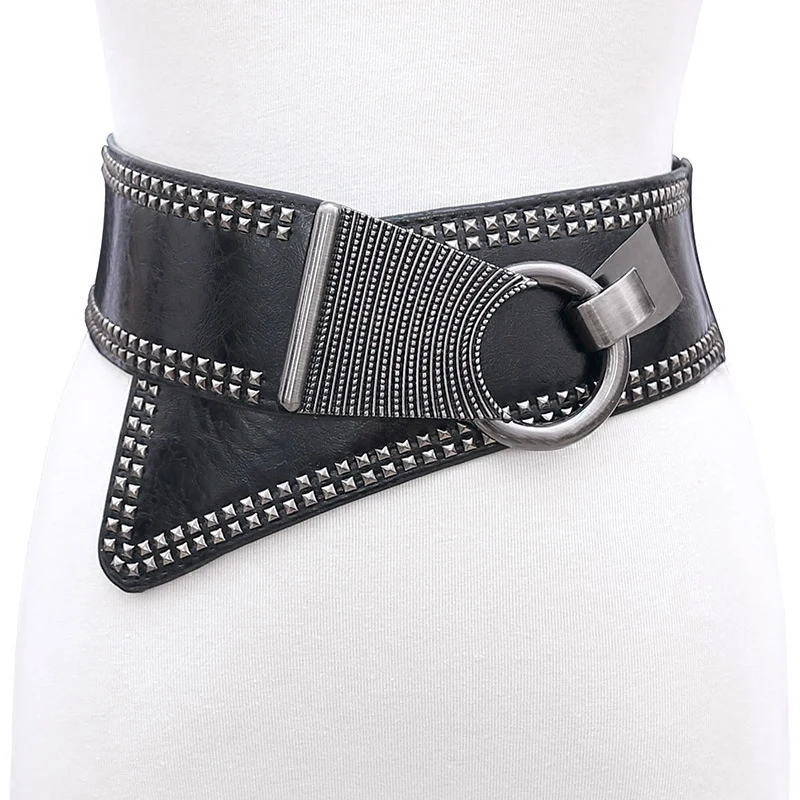 

Women's Diagonal Wide Waist Seal, Black Fashion Rivet Punk Style Versatile Wide Belt with Dress Decorative Belt Waist Seal