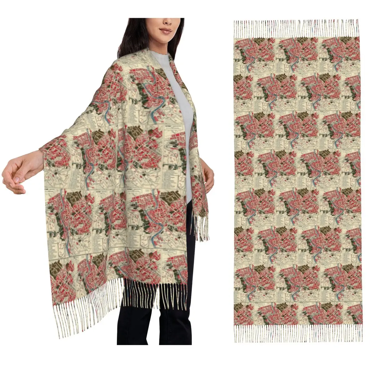 

Винтажный шарф с картой Рим, шарфы с кисточками, женские мягкие теплые шали и накидки, длинная осенне-зимняя шаль