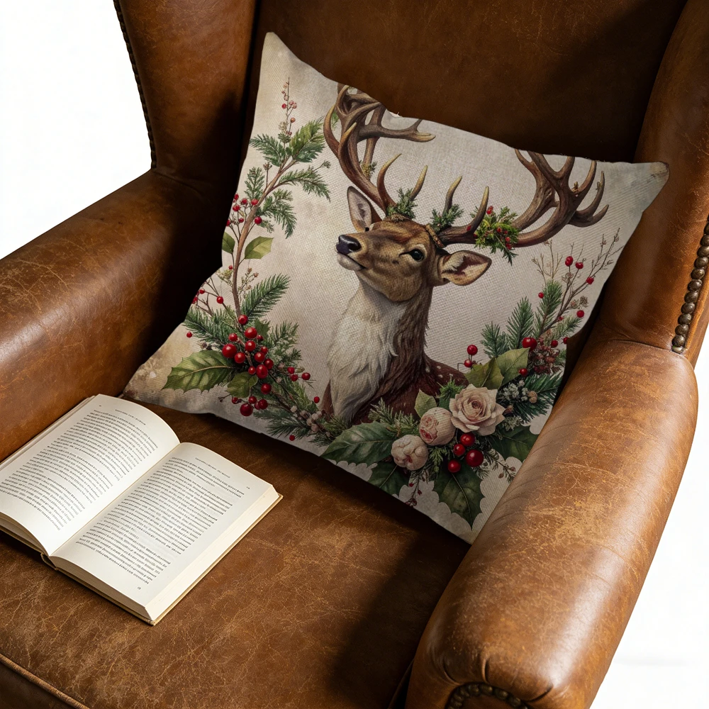1Pc Vintage Style Cushion Cover Beige Deer And Berries Print Pillowcase For Sofa Bed Decorative Home Decoration 45X45Cm