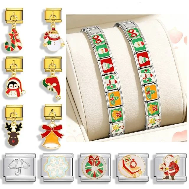 2026 Making DIY Jewelry Y2K Charm Italian Link Fit 9mm  Christmas Ski Shoes Snowman Snowflake Leaf Hat  Stainless Steel Bracelet