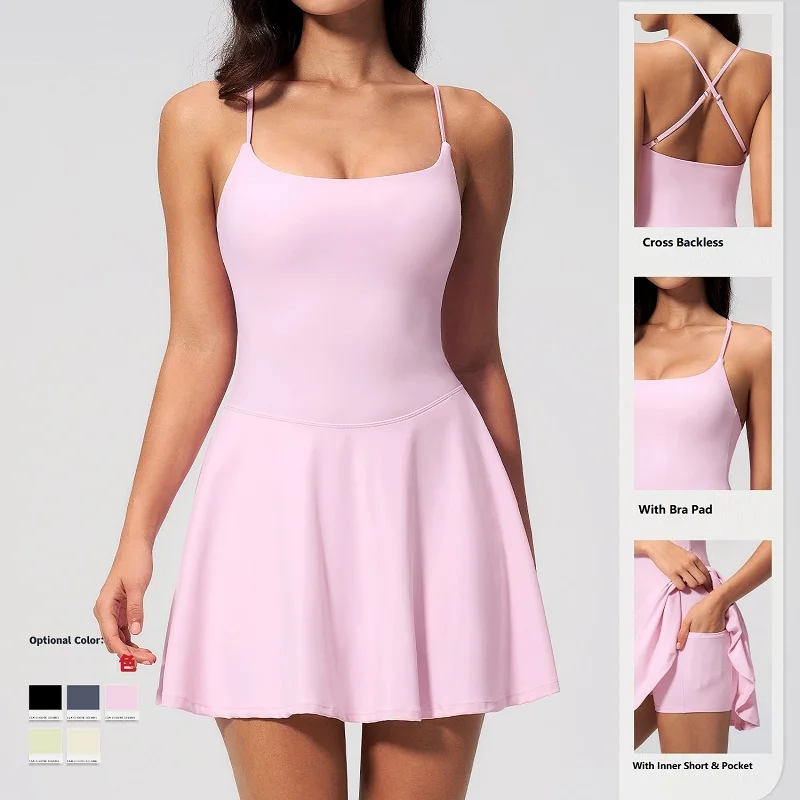 Tennis Dress for Women with Pockets Sleeveless U-Neck Golf Skirts with Bra and Shorts Ladies Yoga Badminton Dress Activewear