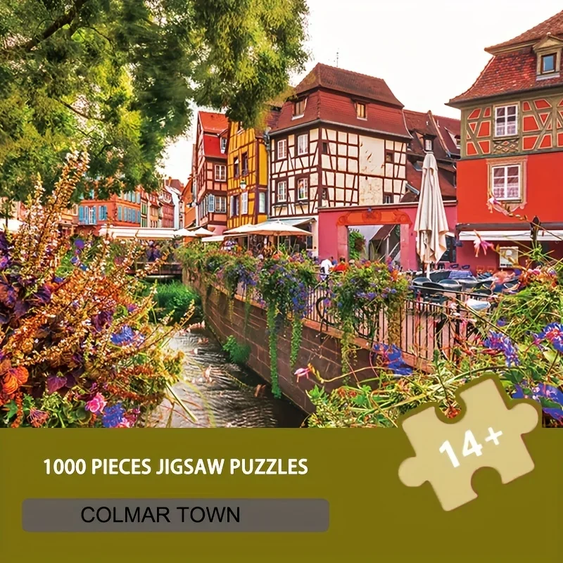 Komma Town 1000 pièces Puzzle 26.75 "x 19.25" Village européen Art mural pour adultes Vintage Architecture cadeau papier mat décor