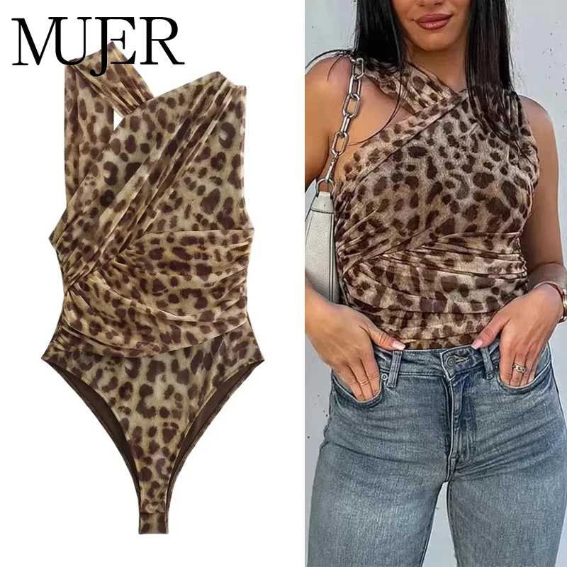 MUJER 2025 Leopard Print Mesh Bodysuit Women Off Shoulder Tulle Sexy Woman Bodys Sleeveless Tight Bodysuit Lingerie Summer Tops