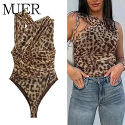 MUJER 2025 Leopard Print Mesh Bodysuit Women Off Shoulder Tulle Sexy Woman Bodys Sleeveless Tight Bodysuit Lingerie Summer Tops
