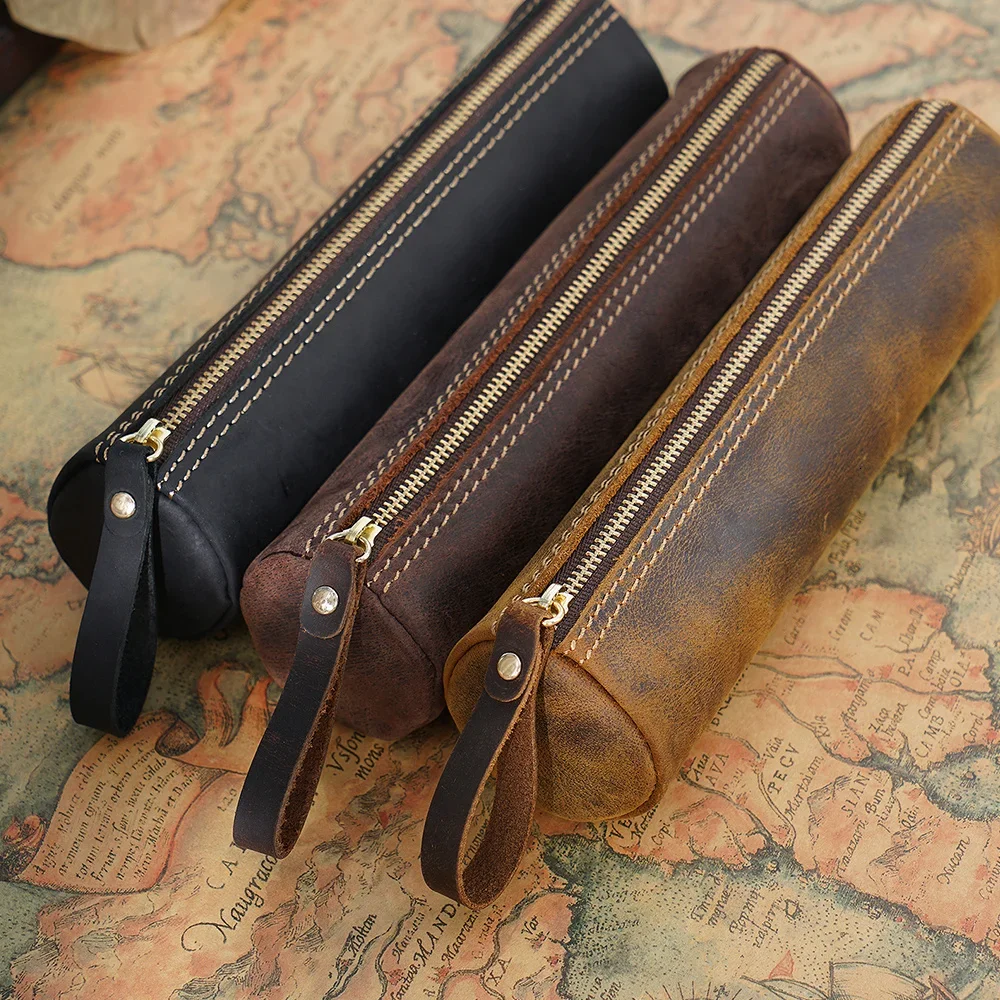 Genuine Leather Zippered Pencil Pouch Large Capacity Pen Bag Pouch Office Student College Stationery Organizer School Supplies