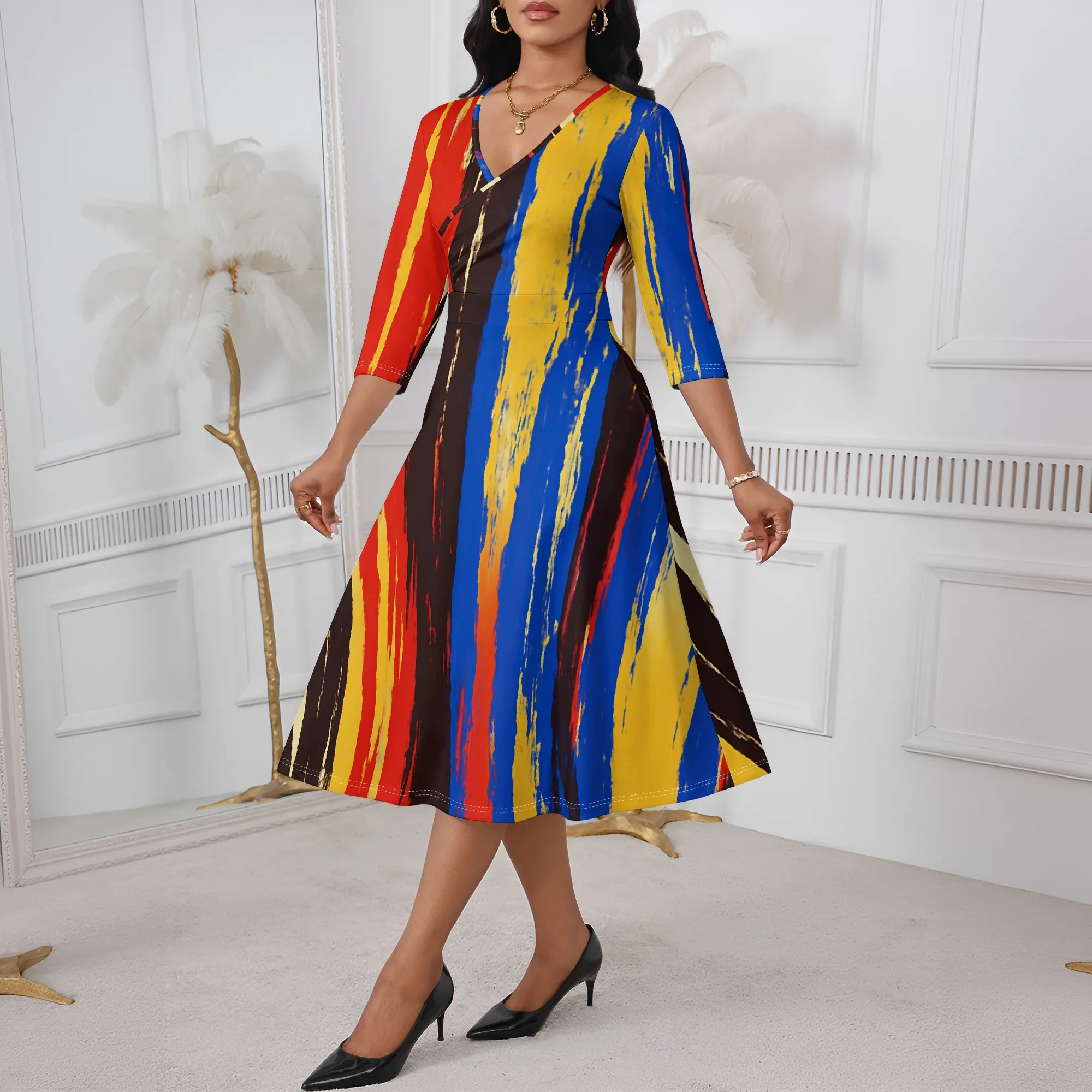 

Abstract Brush Stroke Print Dress for Women XS-3XL Color Block V-Neck A-Line Style for Afro Streetwear or Art Festival Look