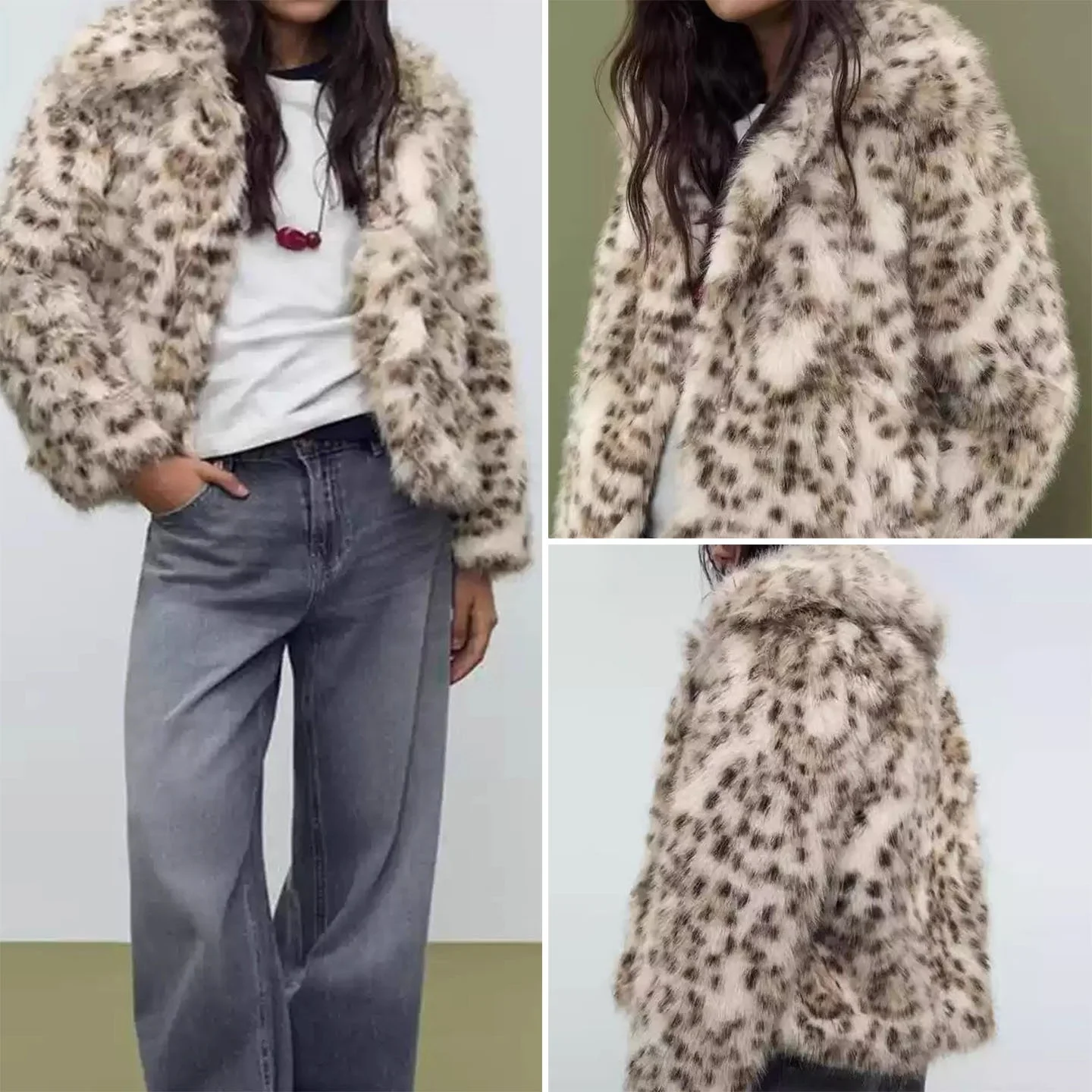 

Z Women's Loose Fur Coat Artificial Fur Collar Button Closure Long Sve Leopard Pattern Autumn Faion Outerwear