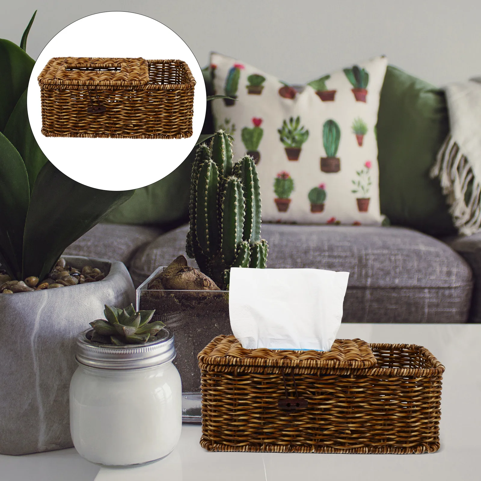 

1Pcs Woven Storage Box Hand-Woven Plastic Tissue Holder for Home Office Living Room Desktop Napkin Paper Container