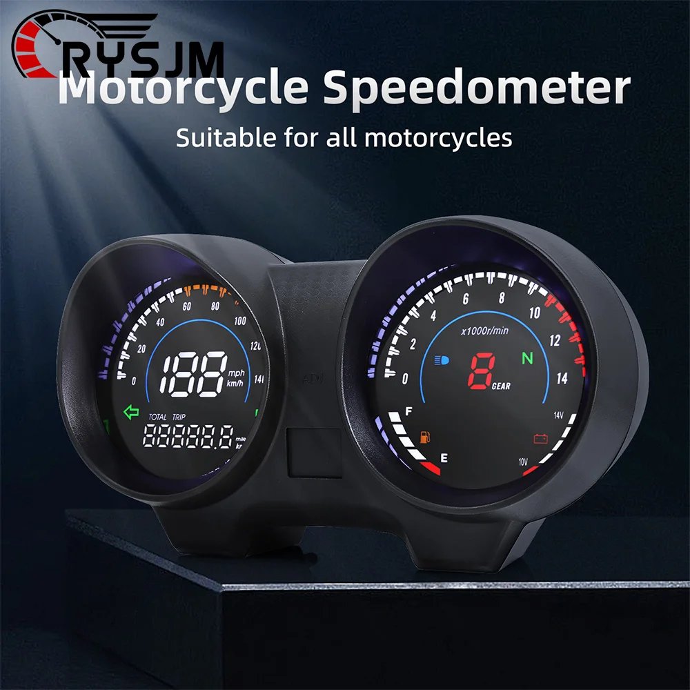 LCD Digital Motorcycle Speedometer Universal 14000RPM Meter Tachometer 6 Gears Display Voltage Fuel Gauge for 2/4/8 Cylinder ﻿