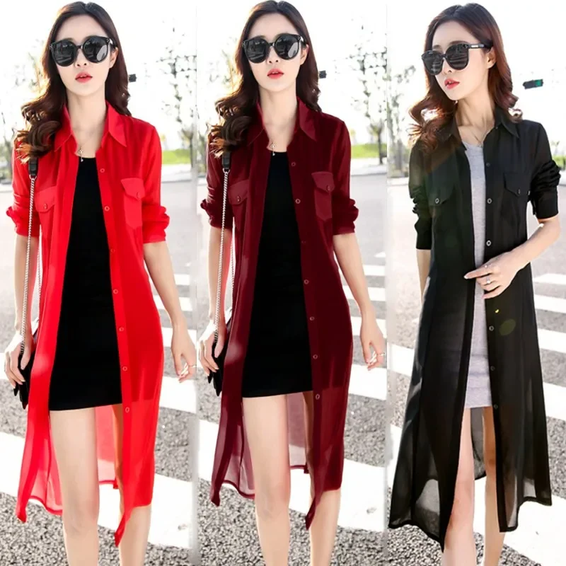 Black White Red Green Long Cardigan Female Long Sleeve Summer Cardigan Casual Shirt Women Z687