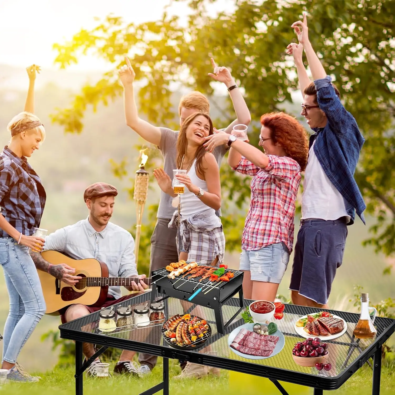 3x2 FT Folding Grill Table Camping Table, Metal Portable Picnic Table, Lightweight Height Adjustable Foldable Table for Outdoor