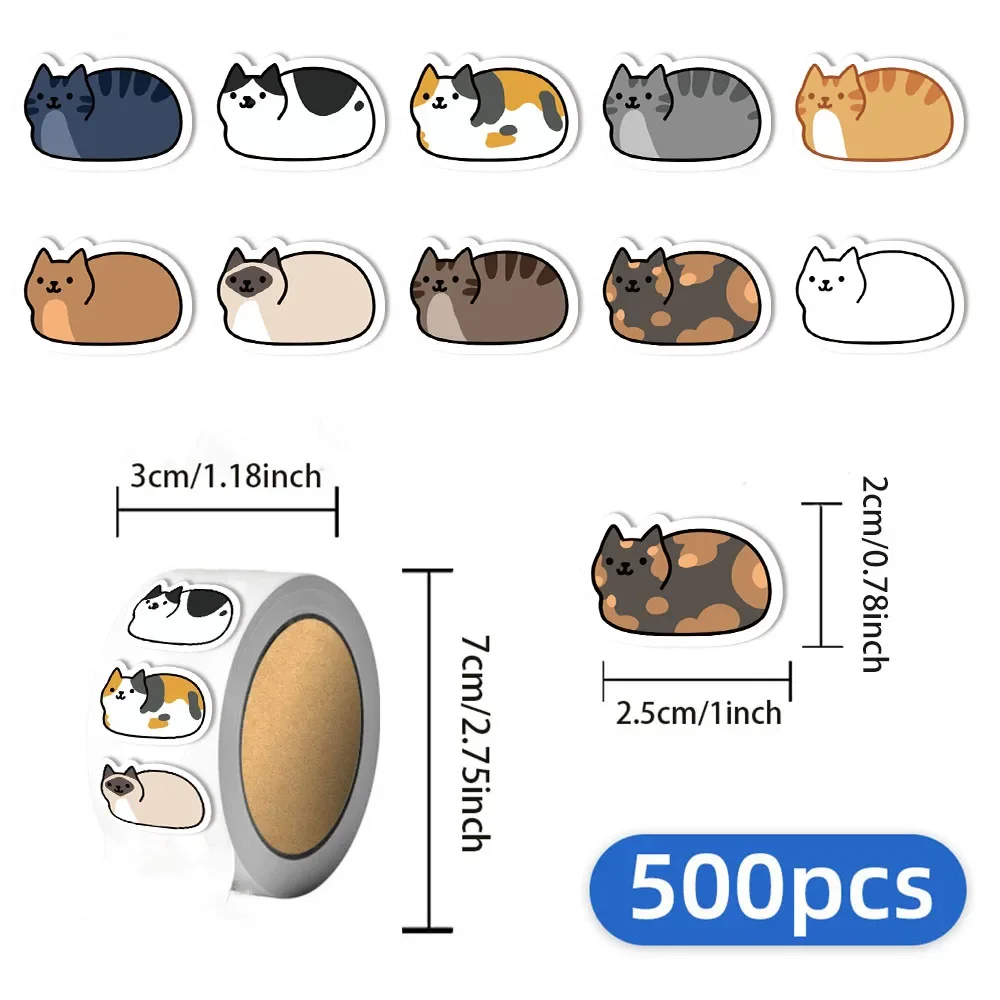 500PCS Cartoon Cat Tuotuo Reward Stickers 10 Cat Models 2.5cm/1.0in Learning Reward Games Party Gift Seals