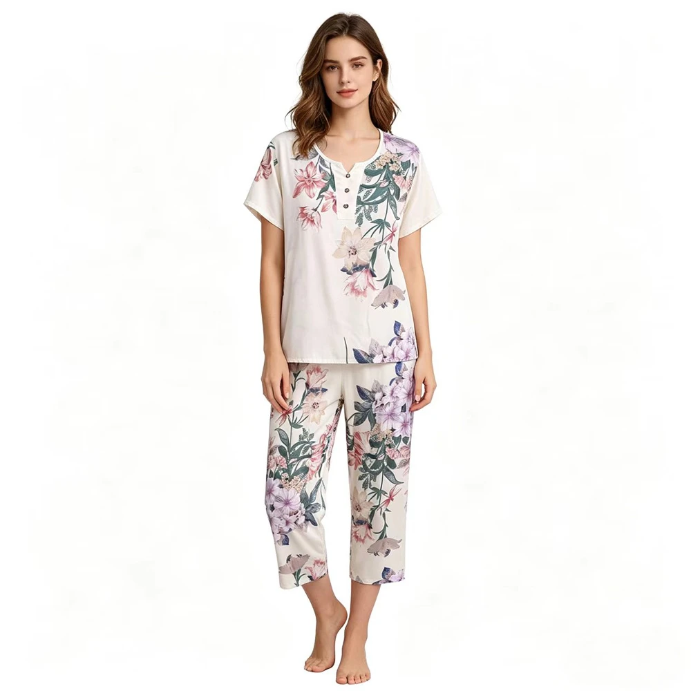

Middle Aged Mother Print Sleepwear Suit Summer Women's Short Sleeved Cropped Pants Pajamas Set Grandma Two Piece Pijamas