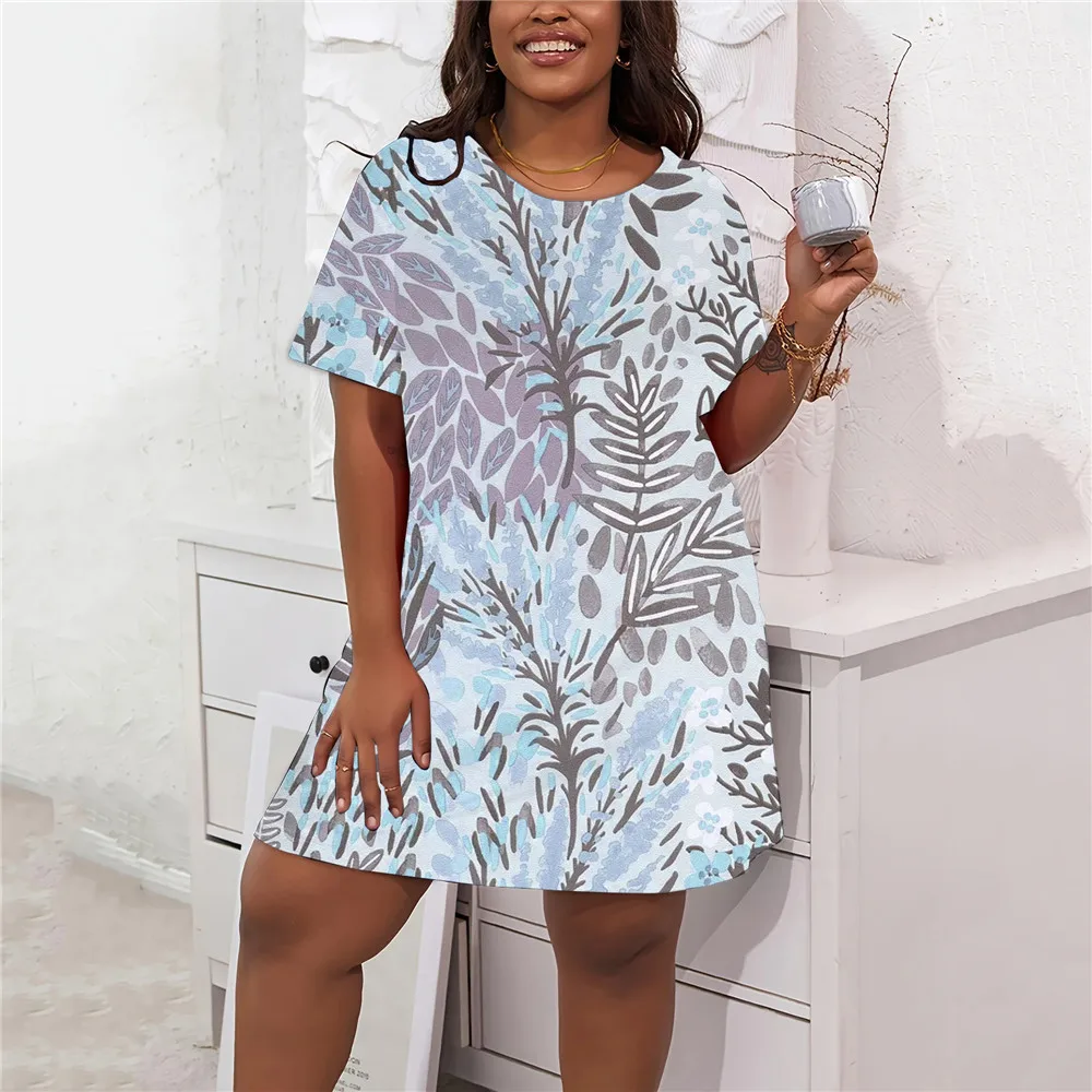 Elegante Jurk Met Bloemenprint Dames Jurk Met Korte Mouwen 2024 Nieuwe Zomer Casual Losse Vintage Plus Size Mini Jurk 9xl