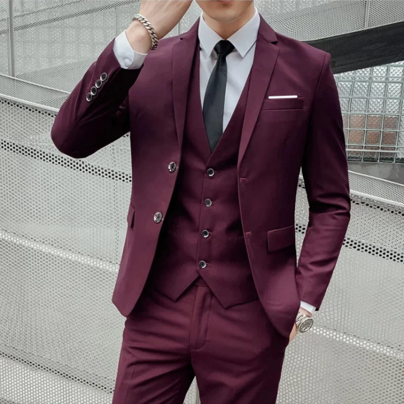 

(Blazer+ Vest + Pants) Men's Fashion Business Outdoor Trend Solid Color Casual Slim-fit Wedding Host Gentleman Suit