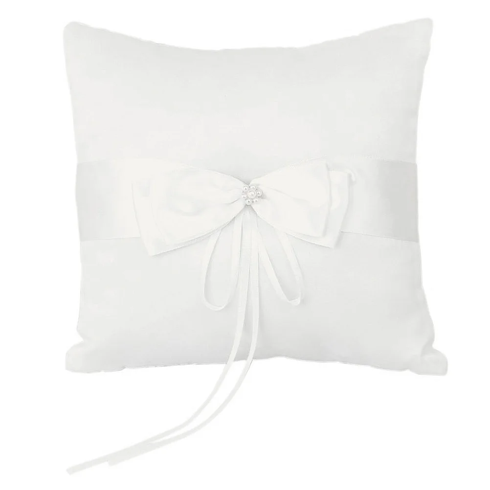 

Bride Ring Pillow 20x20cm Ivory Satin Faux Pearl Bowknot Wedding Ceremony Kneeling Pillows Holder Strap