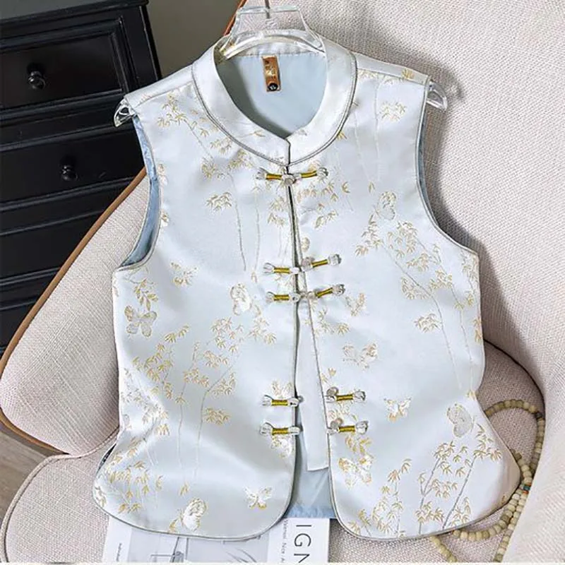 

Chinese-style New Design Top With Stand-up Collar Mandarin Buttoned Vest Embroidered Waistcoat Female Pink Coat Champagne