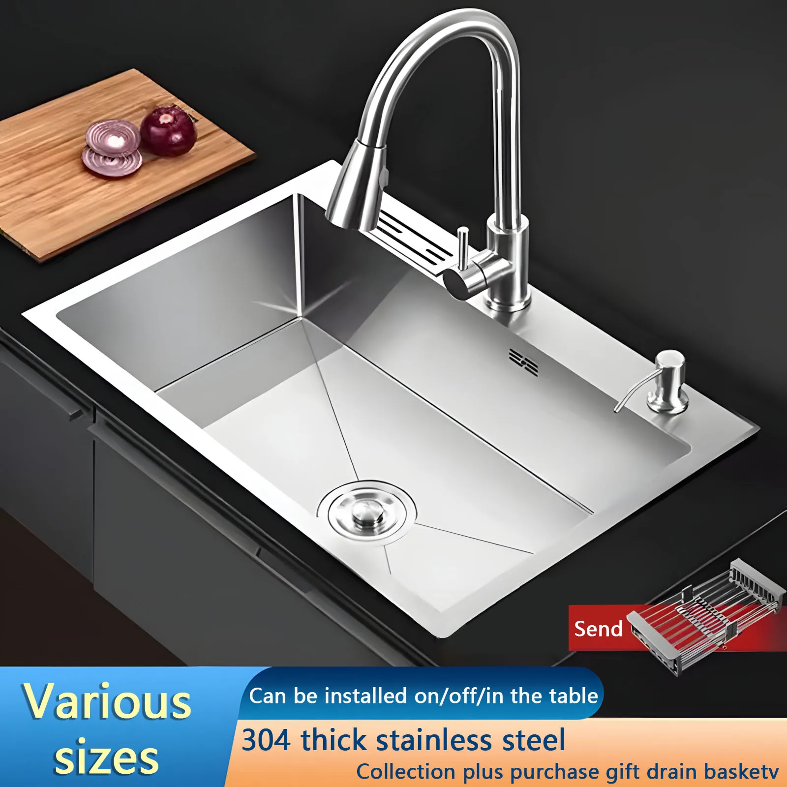 

304 Stainless Steel Kitchen Sink Single Basin Bar Above Counter Undermount Installation Washing Basin Kitchen Accessories cucina
