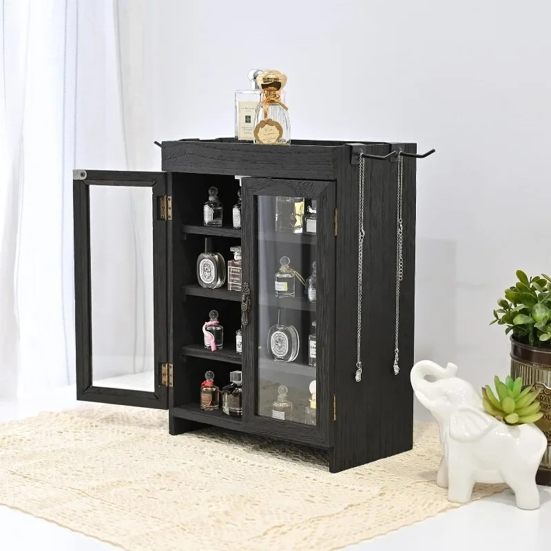 

Design Small Wooden Countertop Storage Cabinet with Adjustable Shelves and Removable Hooks, Perfect for Perfume