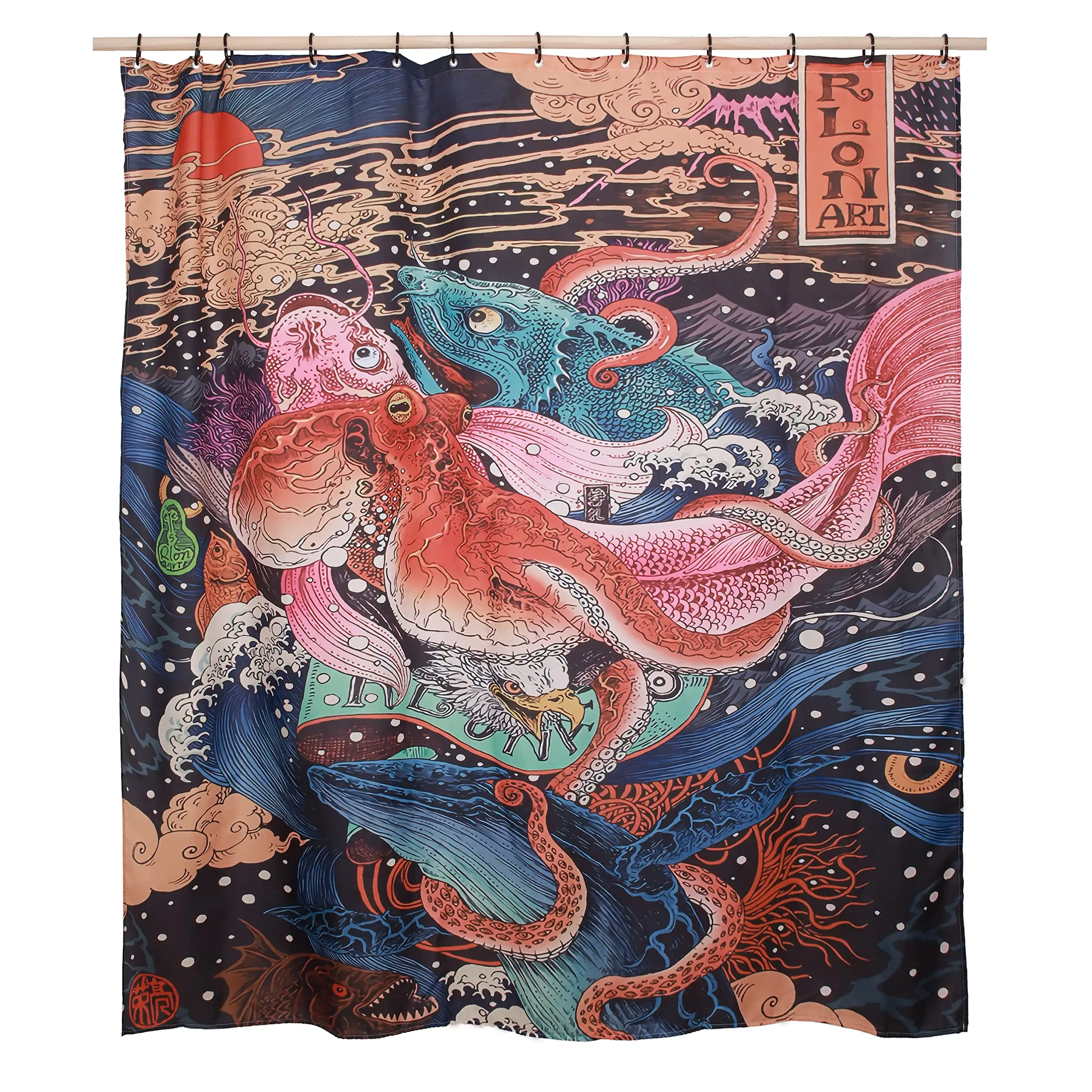 Navy Hokusai Big Wave Shower Curtain Japanese Fun Anime Sea Monster Bathroom Curtain Polyester Waterproof Decorative Curtain