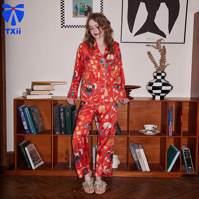 【Orange Dessert】comfortable Ice Silk Pajamas Women High-end Sense ins Style Lapel Spring/Summer Long Sleeve Home Suit 24