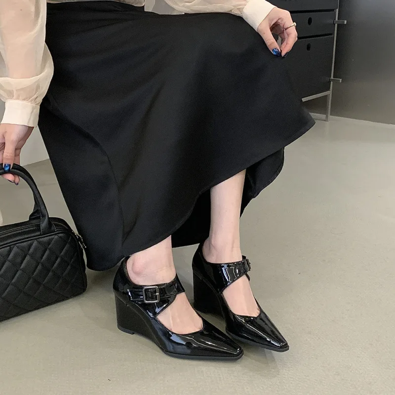 

French Wedge Heel High-heeled Women's2026Spring/summer New Style Open-toe Fashionable Multi-purpose Patent Leather Slip-on Shoes