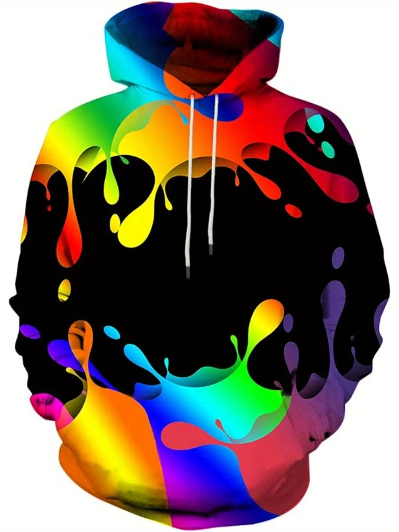 Men Black Base Rainbow Liquid Splash Gradient Print Drawstring Hoodie With Pocket