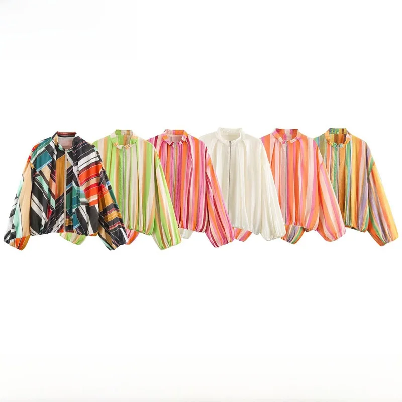 Early Autumn New Arrival Women's Fashion Striped Pilot Jacket Coat ZR Style Polyester Fiber Long Sleeve Zipper Short Coat