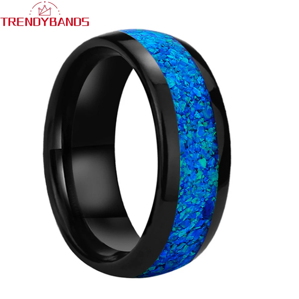 

Black Men Women Ring Tungsten Carbide Engagement Wedding Band Couple's Fashion Jewelry Blue Opal Inlay Domed Polished Shiny