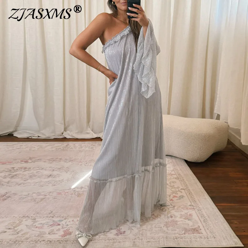

Sexy Skew Collar Backless Hollow Long Dress Woman Spring One Shoulder Flare Sleeve Ruffle Party Dress Chic Solid Slim Maxi Dress