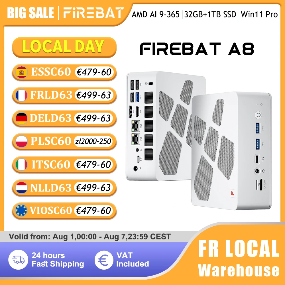 Mini PC Firebat A8, AMD Ryzen AI 9 365, RAM DDR5, SSD M.2, USB4*2, DDR5*2, PCIe4*2, Windows 11 Pro, Computadora de Escritorio para Juegos, WiFi6, OCuLink