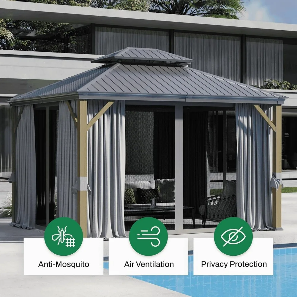 Gazebo de topo rígido de 10x12 pés, pavilhão permanente com estrutura de metal de alumínio resistente, dossel de telhado duplo, cortina e rede incluídos