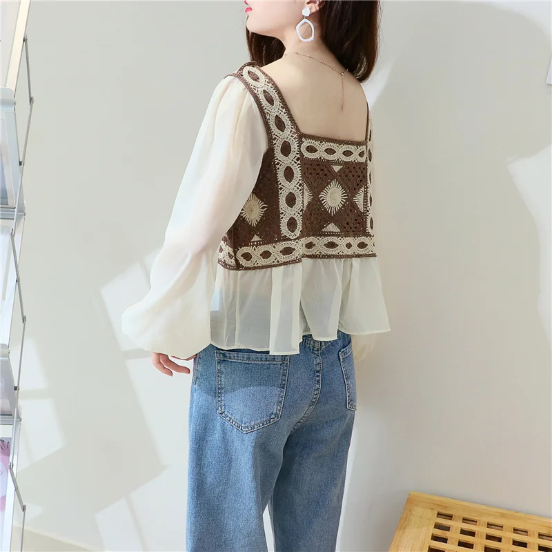 Women Blouse Crochet Knit Square Neck Chiffon Sleeve Geo Embroidery Crop Tops Summer Teen-girls Fairycore Cottagecore Outfit