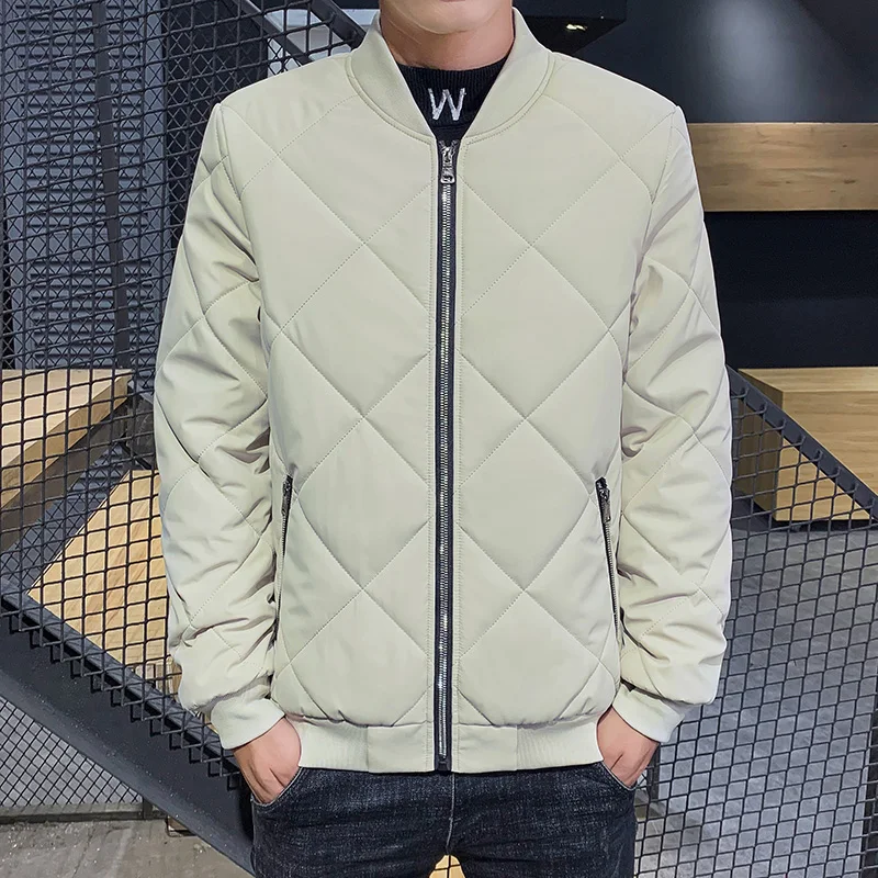 Autumn Winter New Cotton Padded Jacket Men Clothes Baseball Collar Parka Jackets Diamond Plaid Coat Men's Plush Puffer Jacket