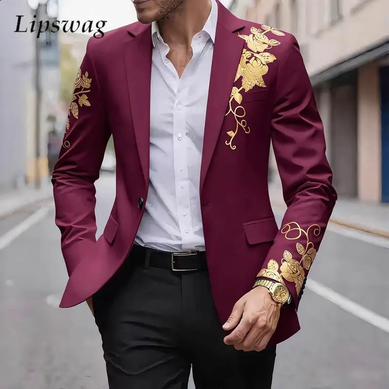 2026 Autumn Slim Fit Blazer Jackets Mens Fashion Turn-down Collar Outerwear Vintage Pattern Print Long Sleeve Cardigan Men