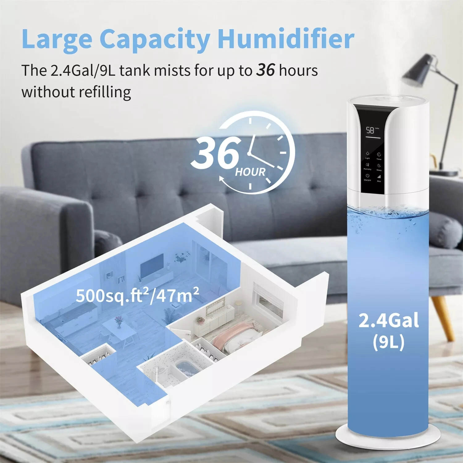 Sejoy 9l Air Humidifier For Bedroom Cool Mist Adjusting Diffuser Ultrasonic Digital Display Aroma Adjustable Humidity Humidifier