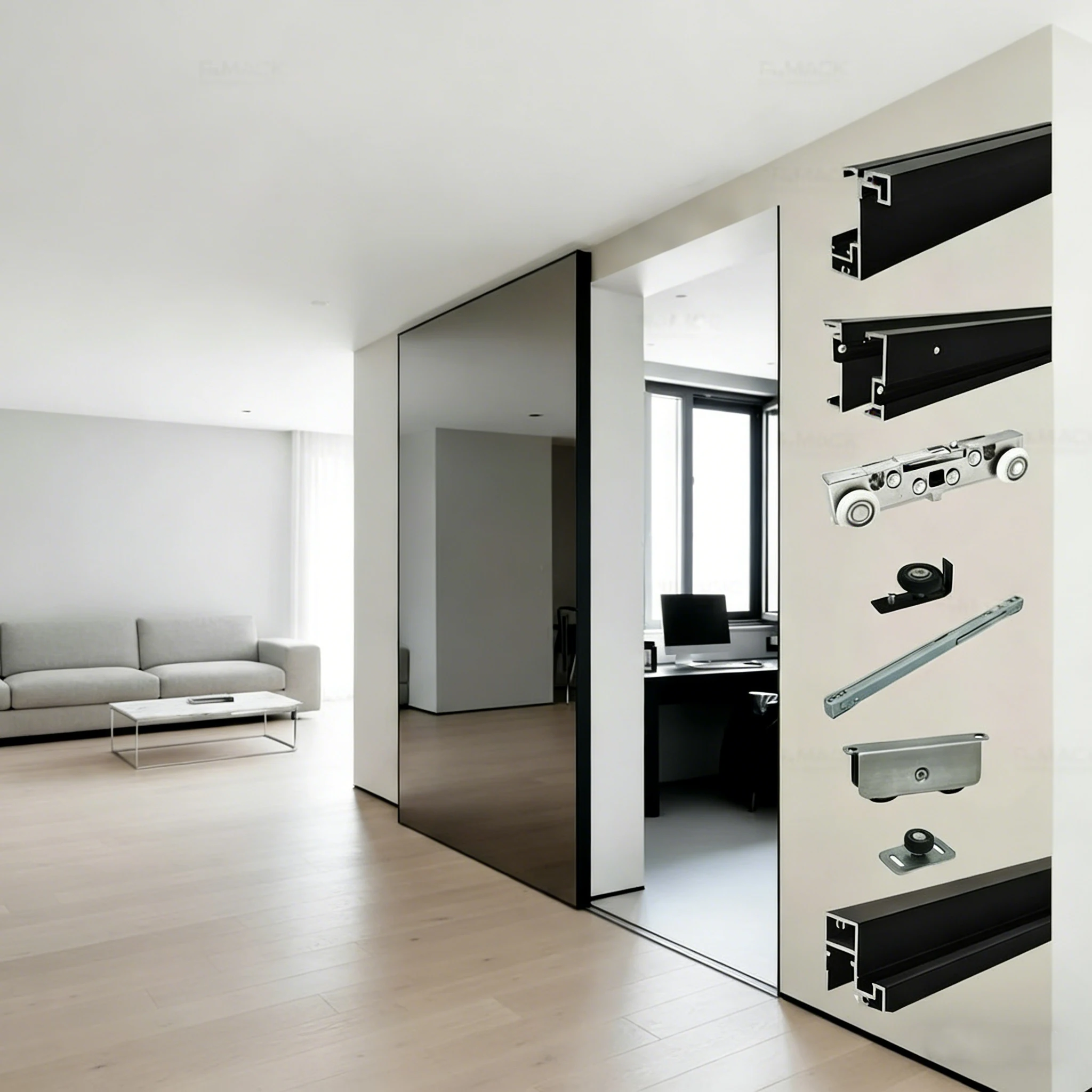 Modern Magic Ghost Sliding Door System with Compete Aluminum Frame for 8mm Glass Mirror Bedroom Kitchen Design Interior Door