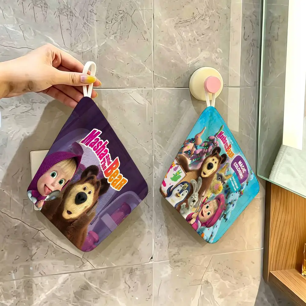 M-Masha and Bear Cartoon Household Hanging Towel, Polyester Cotton Hand Wiping Towel, Sturdy for Bathroom Bedroom