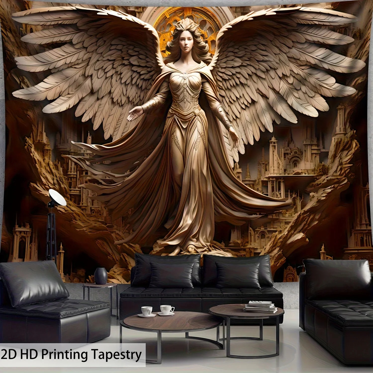 1pc Extra Large Angel Landscape Tapestry 2d High Definition Digital Print Polyester Wall Art With Golden Wings Cityscape
